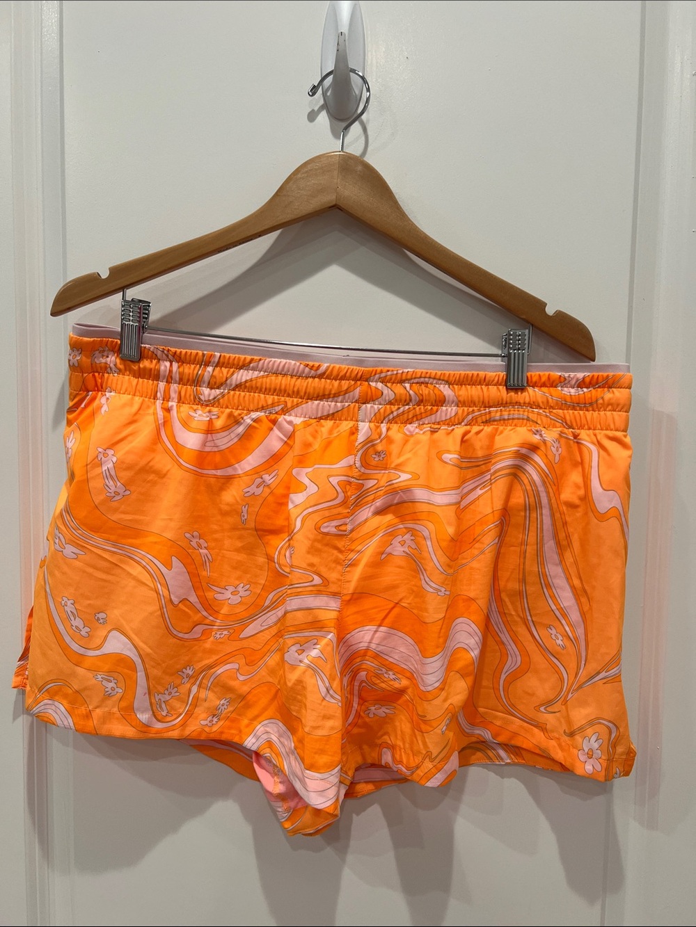 Fabletics Orange Swirl Athletic Shorts with Pink Accents